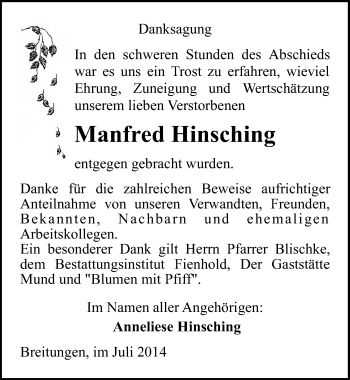 Traueranzeige von Manfred Hinsching von Mitteldeutsche Zeitung Sangerhausen