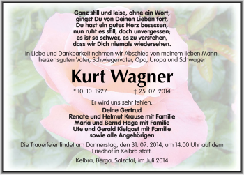Traueranzeige von Kurt Wagner von Mitteldeutsche Zeitung Sangerhausen