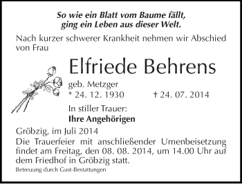 Traueranzeige von Elfriede Behrens von Mitteldeutsche Zeitung Köthen