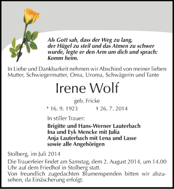 Traueranzeige von Irene Wolf von Mitteldeutsche Zeitung Sangerhausen