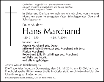 Traueranzeige von Hans Marchand von Mitteldeutsche Zeitung Quedlinburg