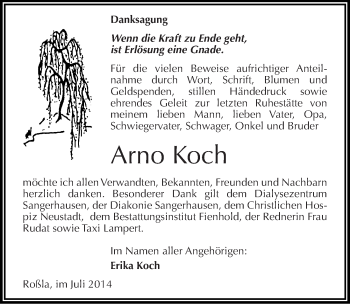 Traueranzeige von Arno Koch von Mitteldeutsche Zeitung Sangerhausen
