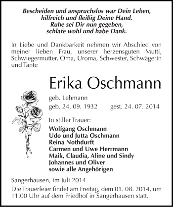 Traueranzeige von Erika Oschmann von Mitteldeutsche Zeitung Sangerhausen
