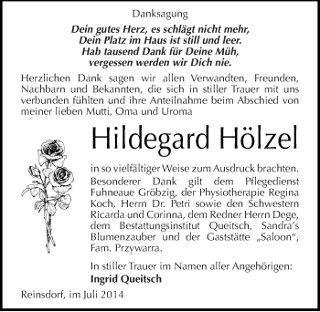 Traueranzeige von Hildegard Hölzel von Mitteldeutsche Zeitung Köthen