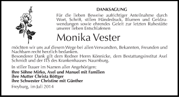 Traueranzeige von Monika Vester von Mitteldeutsche Zeitung Naumburg/Nebra