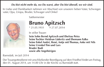 Traueranzeige von Bruno Apitzsch von Mitteldeutsche Zeitung Merseburg/Querfurt