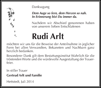 Traueranzeige von Rudi Arlt von Mitteldeutsche Zeitung Mansfelder Land