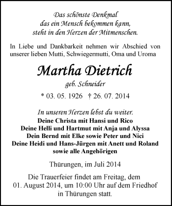 Traueranzeige von Martha Dietrich von Mitteldeutsche Zeitung Sangerhausen