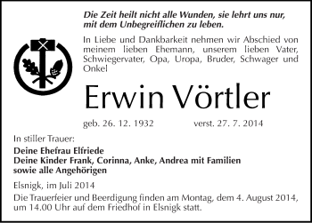 Traueranzeige von Erwin Vörtler von Mitteldeutsche Zeitung Köthen