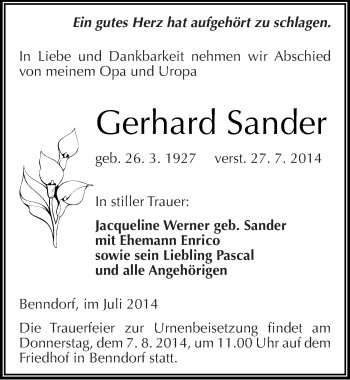 Traueranzeige von Gerhard Sander von Mitteldeutsche Zeitung Mansfelder Land