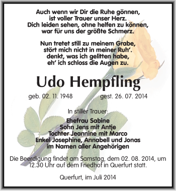 Traueranzeige von Udo Hempfling von Mitteldeutsche Zeitung Merseburg/Querfurt