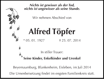 Traueranzeige von Alfred Töpfer von Mitteldeutsche Zeitung Sangerhausen