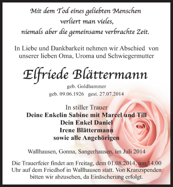 Traueranzeige von Elfriede Blättermann von Mitteldeutsche Zeitung Sangerhausen