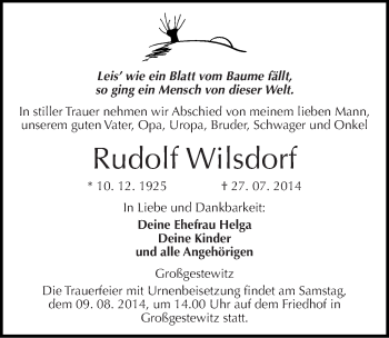 Traueranzeige von Rudolf Wilsdorf von Mitteldeutsche Zeitung Naumburg/Nebra