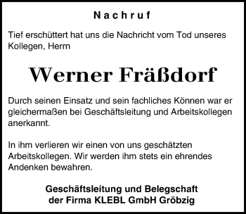 Traueranzeige von Werner Fräßdorf von Mitteldeutsche Zeitung Köthen