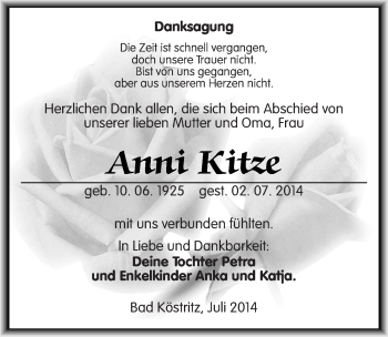 Traueranzeige von Anni Kitze von Mitteldeutsche Zeitung Zeitz