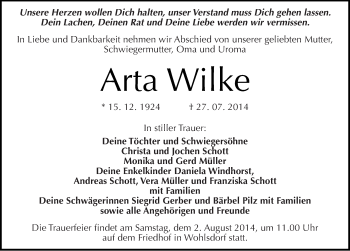 Traueranzeige von Arta Wilke von Mitteldeutsche Zeitung Bernburg