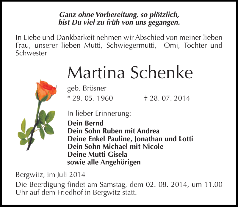  Traueranzeige für Martina Schenke vom 31.07.2014 aus Mitteldeutsche Zeitung Wittenberg
