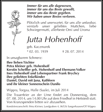 Traueranzeige von Jutta Hohenhoff von Mitteldeutsche Zeitung Mansfelder Land