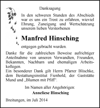 Traueranzeige von Manfred Hinsching von Mitteldeutsche Zeitung Sangerhausen