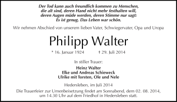 Traueranzeige von Philipp Walter von Mitteldeutsche Zeitung Mansfelder Land