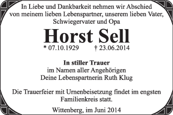 Traueranzeige von Horst Sell von Super Sonntag Wittenberg