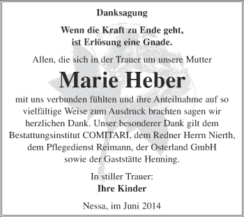 Traueranzeige von Marie Heber von WVG - Wochenspiegel NMB / WSF / ZTZ