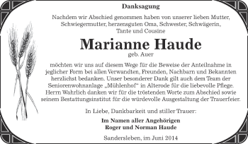 Traueranzeige von Marianne Haude von Wochenspiegel Mansfelder Land
