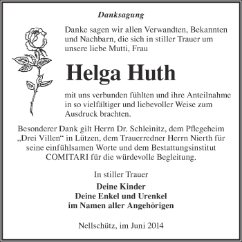 Traueranzeige von Helga Huth von WVG - Wochenspiegel NMB / WSF / ZTZ