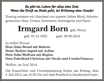 Traueranzeige von Irmgard Born von WVG - Wochenspiegel Bitterfeld