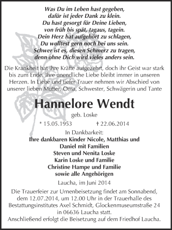 Traueranzeige von Hannelore Wendt von WVG - Wochenspiegel NMB / WSF / ZTZ