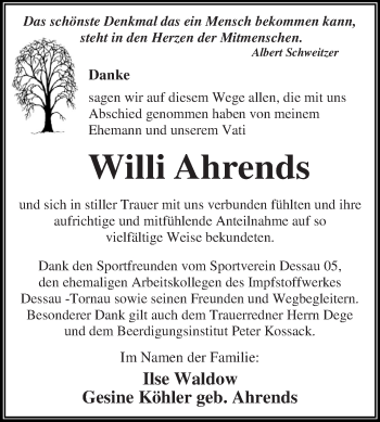 Traueranzeige von Willi Ahrends von WVG - Wochenspiegel Dessau / Köthen