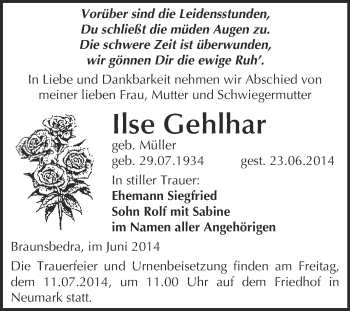 Traueranzeige von Ilse Gehlhar von WVG - Wochenspiegel Merseburg