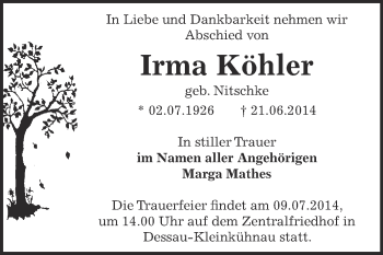 Traueranzeige von Irma Köhler von WVG - Wochenspiegel Dessau / Köthen