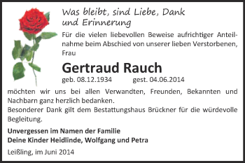 Traueranzeige von Gertraud Rauch von WVG - Wochenspiegel NMB / WSF / ZTZ
