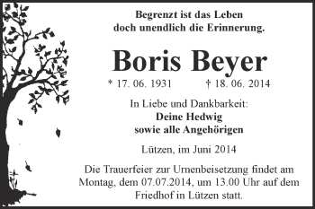 Traueranzeige von Boris Beyer von WVG - Wochenspiegel Merseburg