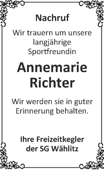 Traueranzeige von Annemarie Richter von WVG - Wochenspiegel NMB / WSF / ZTZ