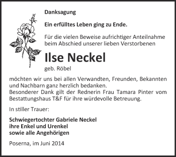 Traueranzeige von Ilse Neckel von WVG - Wochenspiegel NMB / WSF / ZTZ