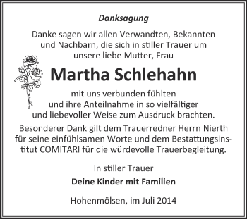 Traueranzeige von Martha Schlehahn von WVG - Wochenspiegel NMB / WSF / ZTZ