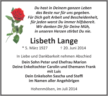 Traueranzeige von Lisbeth Lange von WVG - Wochenspiegel NMB / WSF / ZTZ