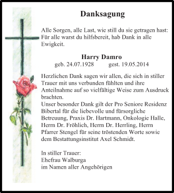 Traueranzeige von Harry Damro von WVG - Wochenspiegel NMB / WSF / ZTZ