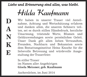 Traueranzeige von Hilda Kaufmann von WVG - Wochenspiegel Aschersleben