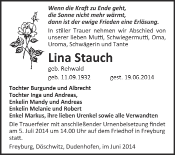 Traueranzeige von Lina Stauch von WVG - Wochenspiegel NMB / WSF / ZTZ