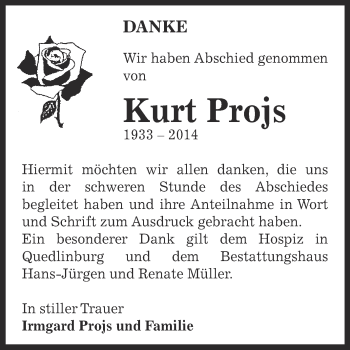 Traueranzeige von Kurt Projs von WVG - Wochenspiegel Aschersleben
