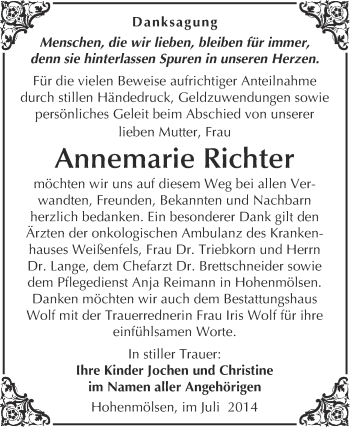 Traueranzeige von Annemarie Richter von WVG - Wochenspiegel NMB / WSF / ZTZ