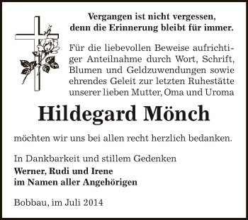 Traueranzeige von Hildegard Mönch von WVG - Wochenspiegel Bitterfeld