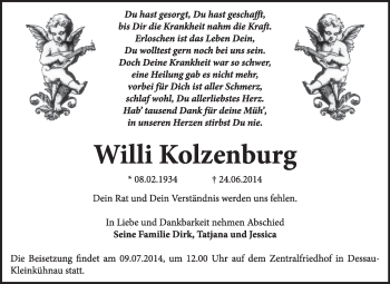 Traueranzeige von Willi Kolzenburg von Super Sonntag Dessau / Köthen