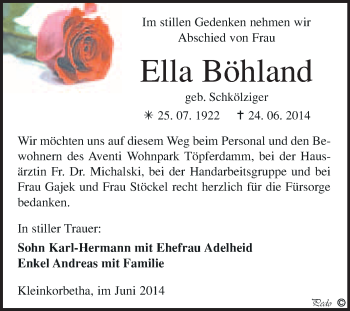 Traueranzeige von Ella Böhland von WVG - Wochenspiegel NMB / WSF / ZTZ