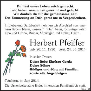 Traueranzeige von Herbert Pfeiffer von WVG - Wochenspiegel NMB / WSF / ZTZ