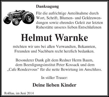 Traueranzeige von Helmut Warnke von WVG - Wochenspiegel Dessau / Köthen